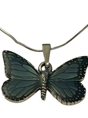 Blue silver tone reversible Enamel Butterfly Necklace 16” chain pendant